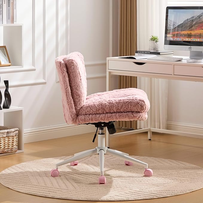 Goujxcy Desk Chair with Thickened seat Cushion, Modern Faux Fur Upholstered Home Office Chair, 360° Swivel Armless Desk Chairs, 120°Rocking Ergonomic Computer Task Vanity Chairs, Pink