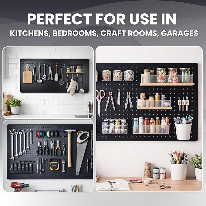 Metal Peg Board, 32x16 Inch Heavy Duty 1mm Thick Metal Pegboard Panels, 1-Inch Hole Spacing - Perfect for Use in Kitchens, Bedrooms, Craft Rooms, Garages - Easy Wallmount