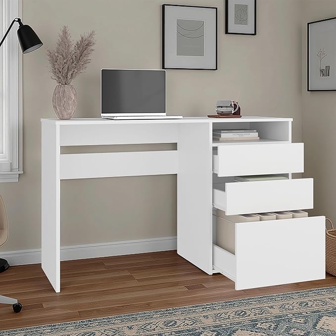 White 3-Drawer Writing Computer Desk Clean and contemporary computer desk design enhances modern workspaces while maintaining a neat and clutter-free environment Two deep drawers provide organized s