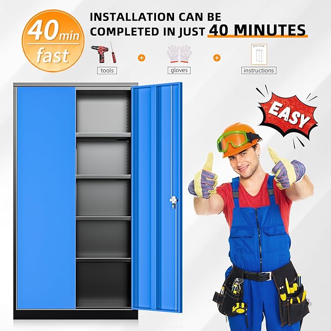 INTERGREAT Metal Storage Cabinet, 72” H Storage Cabinet with 2 Doors and 4 Adjustable Shelves for Office, Home, Garage (Assembly Required, Black Blue)
