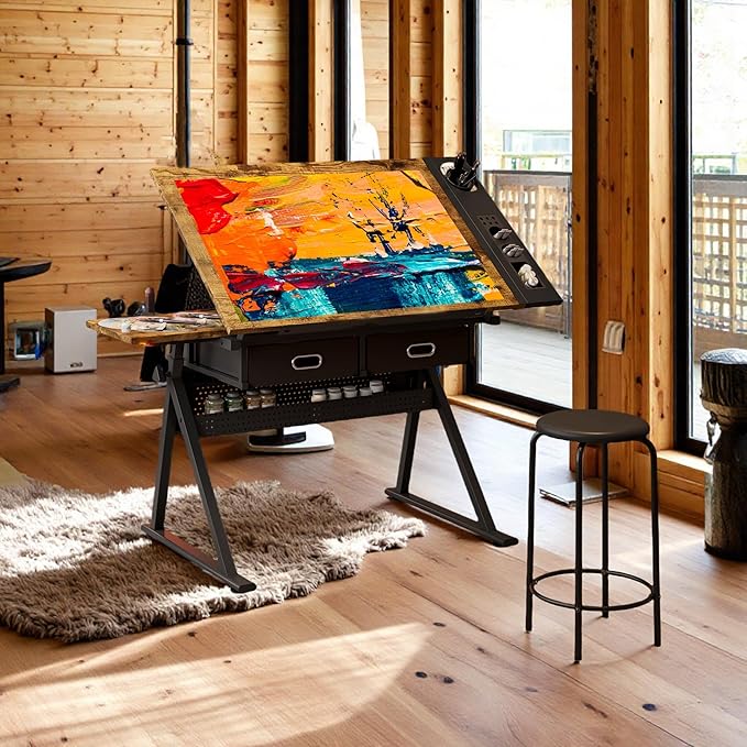 Height Adjustable Drafting Table, Tilting Tabletop Artist Desk w/2 Storage Drawers & Stool, Craft Drawing Table for Painting, Sketching, Home Office, Art Studio (Black+Wood)