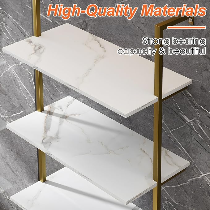 Wolawu 5 Tiers Ladder Shelf White Marble Modern Bookshelf Open Tall Wall Mount Bookcase Standing Leaning Wall Shelves Industrial Decorative