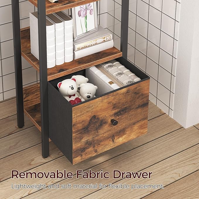 MAHANCRIS Bookshelf, 6-Tier Bookcase with Drawer, Small Book Shelf for Small Space, Storage Shelf Organizer, for Living Room, Bedroom, Study, Kitchen, Rustic Brown and Black BKHR66101