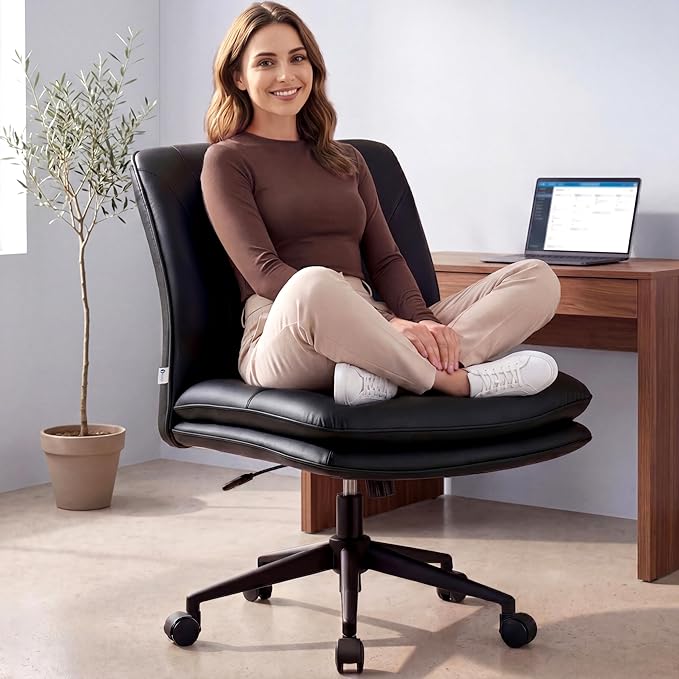 NYPOT Armless Desk Chair with Wheels for Criss Cross Sitting - Cross Legged Wide Armless Chair - Adjustable Vanity 360° Swivel Stool and 120° Rocking Wide Seat Comfy for Home and Office, Color Black
