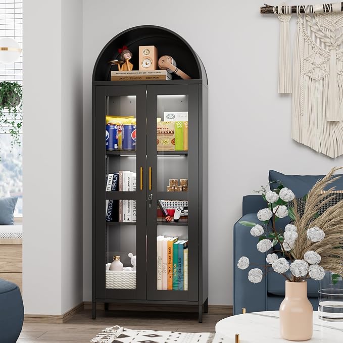 Metal Arched Display Cabinet with 3 Lights,Lockable Arch Cabinet with Glass Doors and 2 Adjustable Shelf for Home Office,Assembly Required,Black