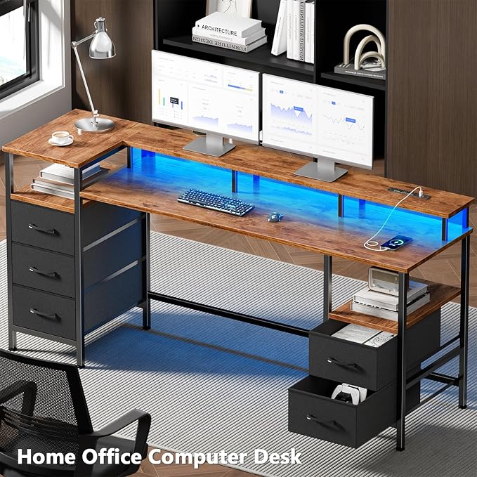 Korfile 61 Inch Gaming Desk with Power Outlets and LED Lights, Reversible Computer Desk with 5 Fabric Storage Drawers, Home Office Desk with Monitor Stand for Working Writing Study, Rustic Brown