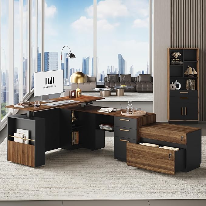 ModernMate Furniture Sets, 63" Standing Desk with 59" Bookshelf and 2 Drawer lateral File Cabinet, Home Office Furniture Set, Black Walnut