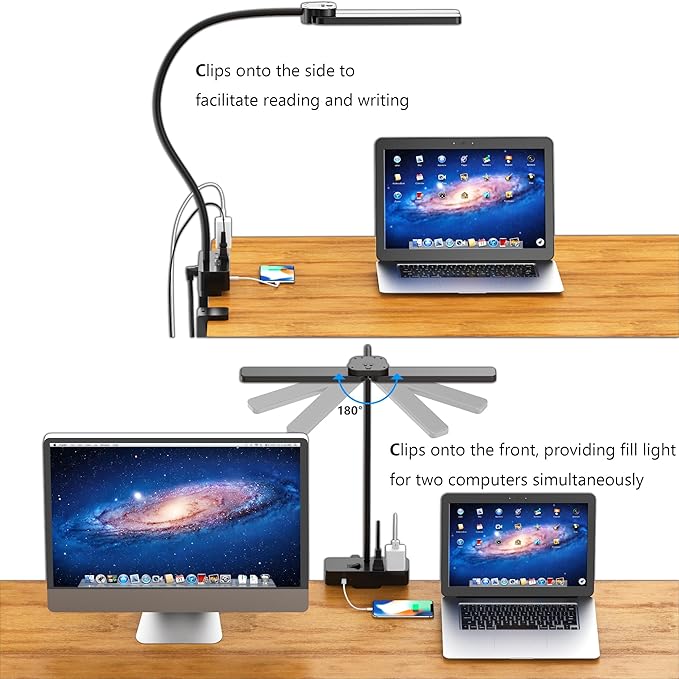 Drevet LED Desk Lamp for Home Office with Cable Management Tray, Eye-Caring Clip-On Desk Light with Flexible Gooseneck, 2+6AC&1USB-C Charging Port, 3 Brightness & 3 Color Modes, Eye-Caring Table Lamp