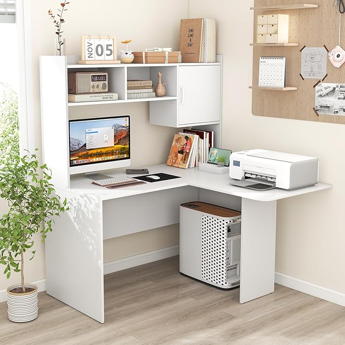 Giantex L Shaped Desk with Hutch, White Corner Desk with Storage Shelf & Cabinet, Laptop PC Table Gaming Computer Table Workstation, Modern Executive Study Writing Desk for Home Office, Bedroom