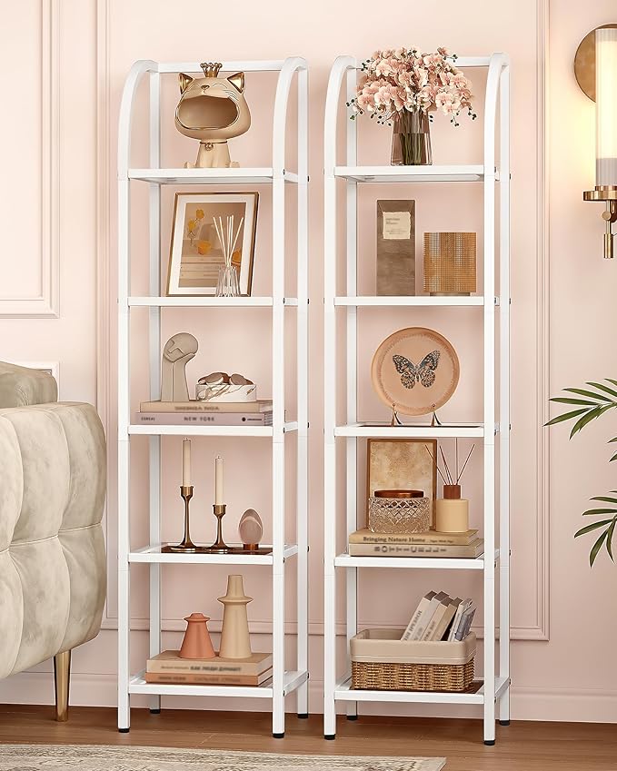 Hzuaneri Bookcase Bookshelf, Tempered Glass Arched Bookshelf for More Storage, Slim Shelving Unit for Bedroom, Bathroom, Home Office, Steel Frame, 5 Tier White BC20599W