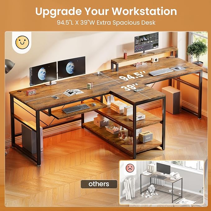 SEDETA 94.5" Home Office Desks, Computer Gaming Desk with Storage, LED Lights, Power Strip with USB, Keyboard Tray & Monitor Stand, Extra Long Double Desk for 2 Person, Rustic Brown