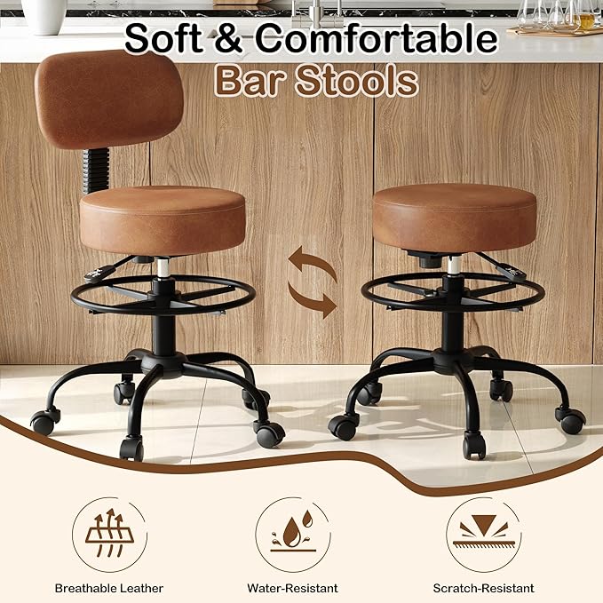 Drafting Chair with Back Support, Adjustable Foot Rest Rolling Stool, 360° Swivel Office Desk Chair with Wheels, Thick Seat Cushion for Home Bar Salon Tattoo Shop (2, Brown)