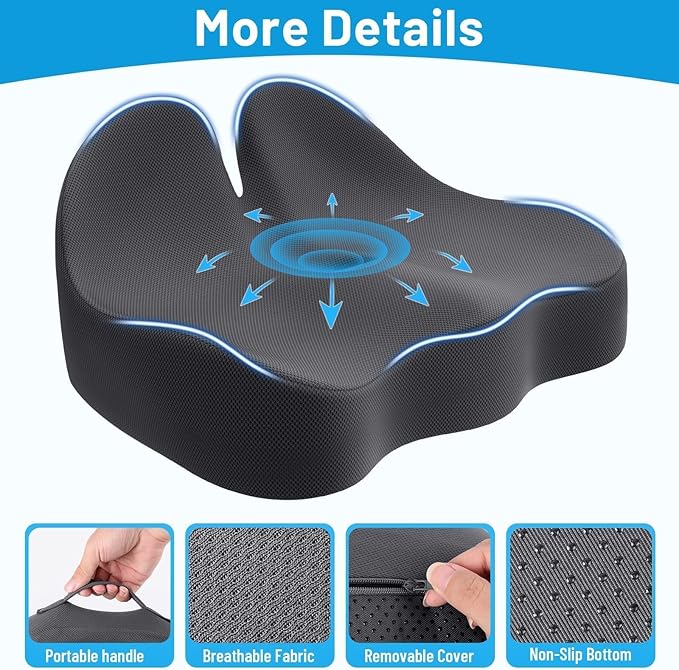 Cushzone Seat Cushion, Memory Foam Office Chair Cushions, Ergonomic Curved Design for Sciatica, Tailbone, Coccyx, Seat Support for Car, Desk Chair, Wheelchair, Enhances Long Sitting Comfort (Grey)