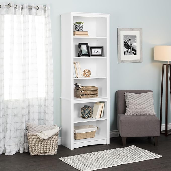 Prepac Sonoma Tall 6-Tier Bookcase 80"H with 2 Adjustable Shelves, White Storage Cabinet, Modern Display Cabinet, Bookshelf with Storage Shelves for Home Office, Living Room, Bedroom Organizer