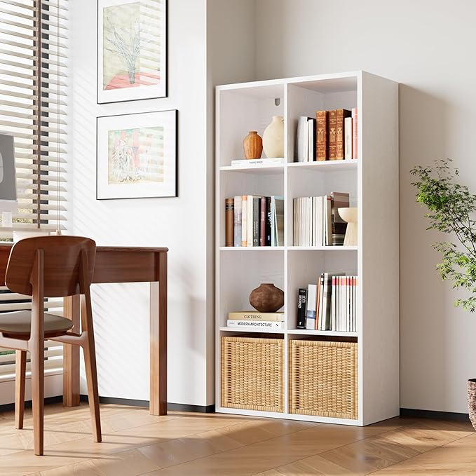 IROCNK Bookshelf, 8-Cube Storage Cube Shelf Organizer, Extra Thick Frame Horizontally & Vertically Reversible Bookcase with Open for Living Room, Bedroom, Home Office, White