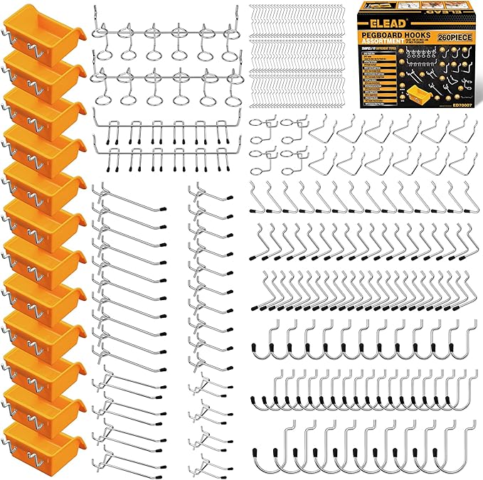 ELEAD 260 Piece Pegboard Hooks 1/8 and 1/4 inch Peg Board Organizer Accessories with Pegboard Bins for Organizing Various Tools in The Garage, Workshop & Craft Room