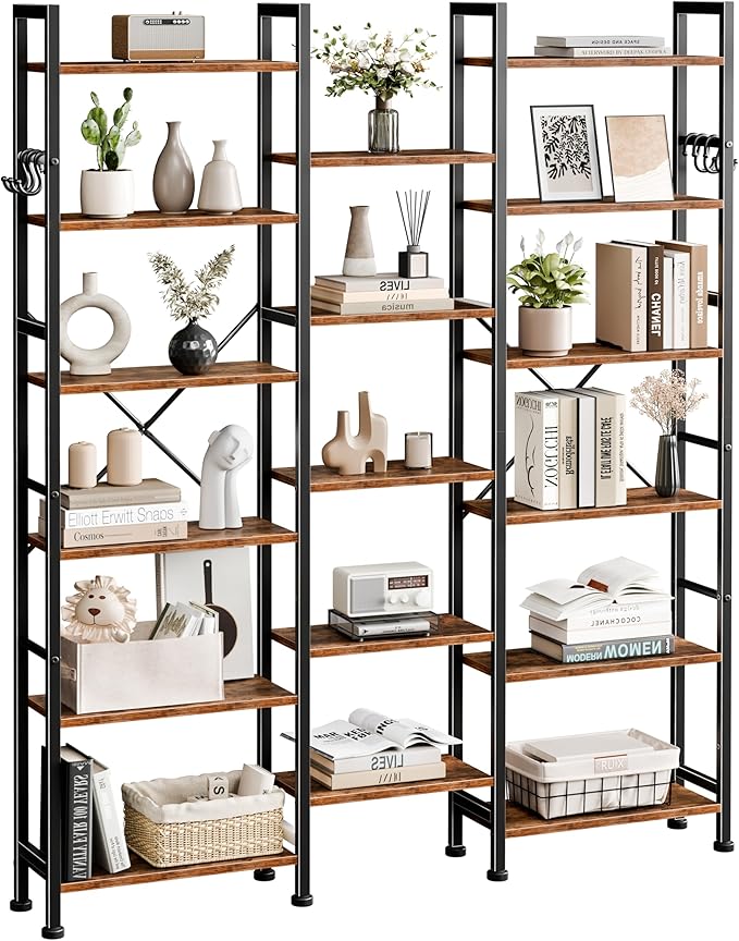 Furologee Triple 6 Tier Bookshelf, Bookcase with 17 Open Display Shelves, Wood and Metal Shelf Storage Organizer,Industrial Wide Shelving Unit for Living Room,Home Office,Rustic Brown
