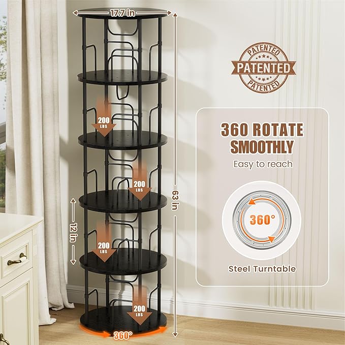 Flycity 5 Tier Rotating Bookshelf, 360° Corner Bookshelf Tower, Round Revolving Bookcase with Special Visible Partition Storage, Narrow Book Shelf Organizer for Living Room, Small Space, Black