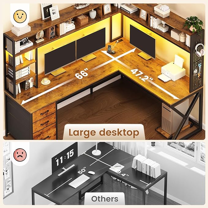 SEDETA L Shaped Desk with Hutch and 3 Drawers, Convertible 94.5" Computer Desk with File Drawer, L Shaped Office Desk with Power Outlet, LED Lights, Storage and Pegboard for Home Office, Brown
