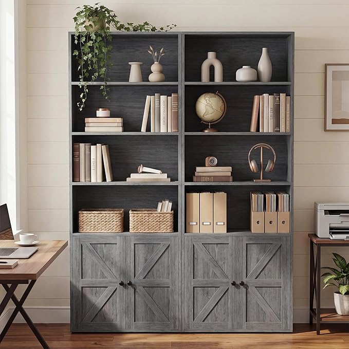 YESHOMY Farmhouse Bookshelf and Bookcase with Doors, Industrial Bookshelves and Bookcases Floor Standing Display 6-Tier Shelf Storage Shelves 71.5 inchs for Home Office, Living Room, Gray, 2 PCS