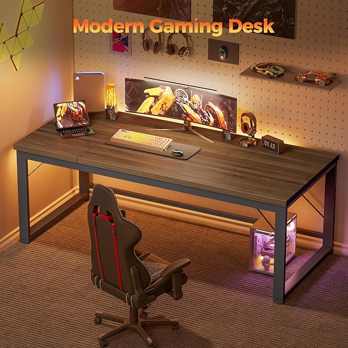 Mericonia 63 Inch Large Computer Desk, 1" Thick Heavy Duty Industrial Office Desk, Modern Simple Study Writing Table for Home Office Bedroom Workstation, Walnut