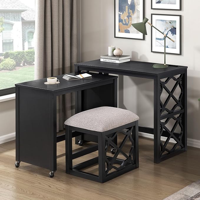 Desks and Stool Set 3pc White Finish Rolling Desk with Casters, 2 Charging Ports Home Office Furniture(Black)