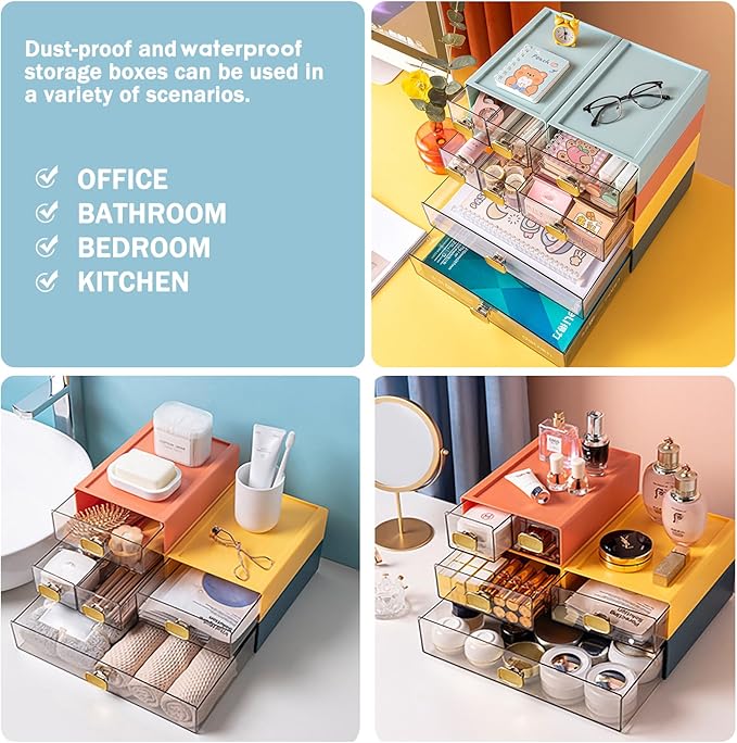 2PACK Stackable Desktop Storage Organizer Plastic Desk Organizer with Drawer Stacking Drawer for Home, Makeup, Vanity, Garage,Office, and Small Organization(M - 2 Drawer, Cream White)