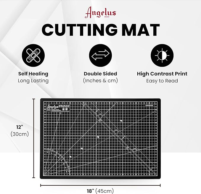 Angelus Self-Healing Cutting Mat, Double Sided, Non-Slip, Durable, Scratch-Resistant Rotary Cutting Board for Leather, Craft, Fabric, Quilting, Sewing, Scrapbooking Projects (12" x 18")