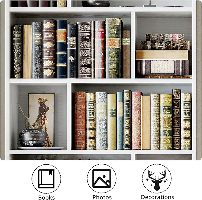 IRONCK Book Shelf, Tall Bookshelf with Storage, Bookshelves and Bookcases with Doors, 4-Tier Bookcase with 8 Open Cubes for Living Room, Office, Study, White