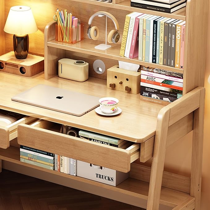 Kids Desk Kids Table Wooden Children’s Study Desk with Bookshelf＆Two Drawers Children Study＆Writing＆Computer＆Workstation for 3 and Above(Nature