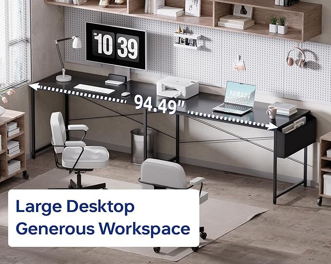 Pamray 64.5 Inch Reversible L Shaped Gaming Desk Large Corner Computer Desk with Storage Bag Home Office Table for Writing Study Grey