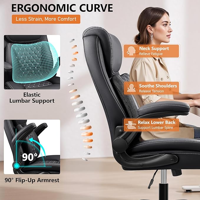 BESTFAIR Office Chair, Ergonomic Computer Desk Chairs with Lumbar Support for Lower Back Pain Relief, Executive Leather Home Chair Comfy with Padded Flip-up Armrests, Black, 6-Pack