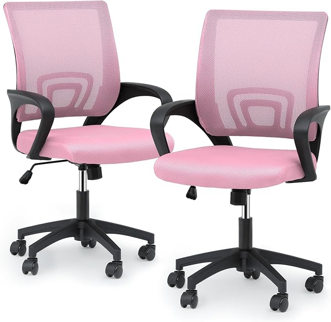 Magshion Office Chair Pack of 2, Ergonomic Mid-Back Mesh Desk Chair, Rolling Computer Chair with Lumbar Support & Comfy Armrests for for Gaming, Work, Study, 300 Lbs Capacity, Pink