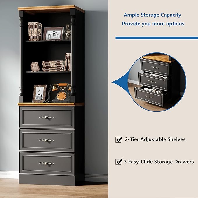 Bookshelf with Drawers, 71" Tall Wood Bookcase with Adjustable Shelf, 24" Wide Book Shelf, Floor Standing Display Storage Cabinet for Home Office, Study and Living Room, Antique Black