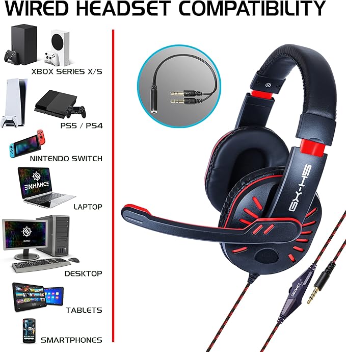 ENHANCE GX-H5 Gaming Headset with Microphone - Universal Gaming Headset for PS4, PS5, Xbox, PC, Switch with Adjustable Headband, Volume Controller, USB Sound-Isolating Earcups, Splitter Cable (Red)