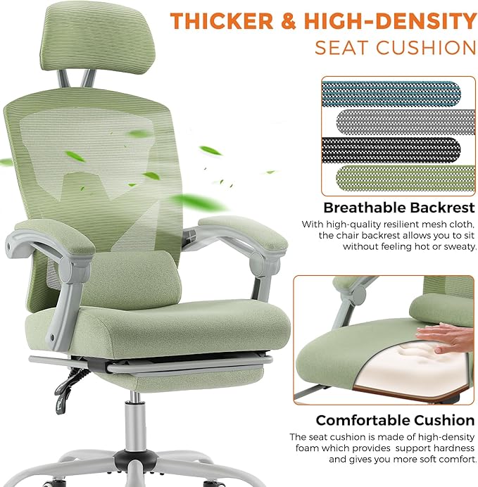Sweetcrispy Office Computer Desk Chair, Ergonomic High-Back Mesh Rolling Work Swivel Chairs with Wheels, Comfortable Lumbar Support, Comfy Arms for Home, Bedroom, Study, Student, Green