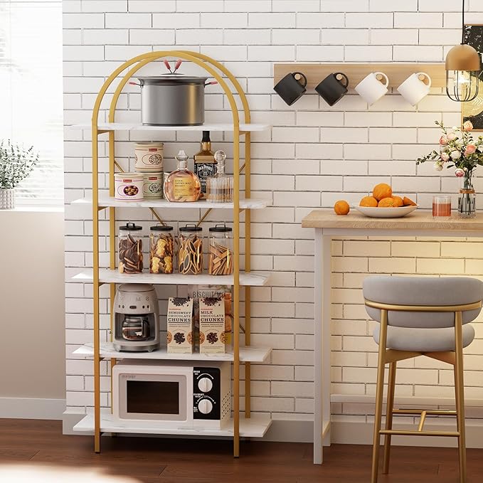 Arbuxzuy Arched Bookshelf 5 Tier Book Shelf, 31.5 Inch Width Industrial Arch Bookcase, Curved Tall Bookshelf with Open Shelves for Home Office, Living Room, Bedroom, Gold