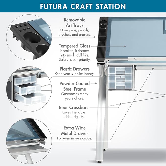 SD Studio Designs 10050 Futura Craft & Drawing Table with Adjustable Tempered Safety Glass Top – Modern Art Desk with Storage Drawers, Pencil Ledge, Silver/Blue Glass