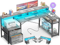 Aheaplus L Shaped Desk with File Drawer, Reversible L Shaped Computer Desk Gaming Desk with Power Outlet & LED Strip, Home Office Desk with Monitor Shelf, Corner Desk with Storage Shelves, White Oak