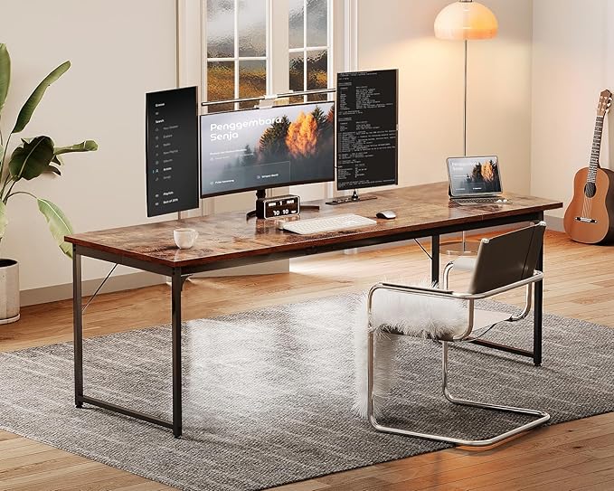 Coleshome 79 Inch Large Computer Desk with Power Outlet, Extra Long Desk for Home Office & Gaming, Spacious Writing Table for Study and Crafting, Rustic Brown