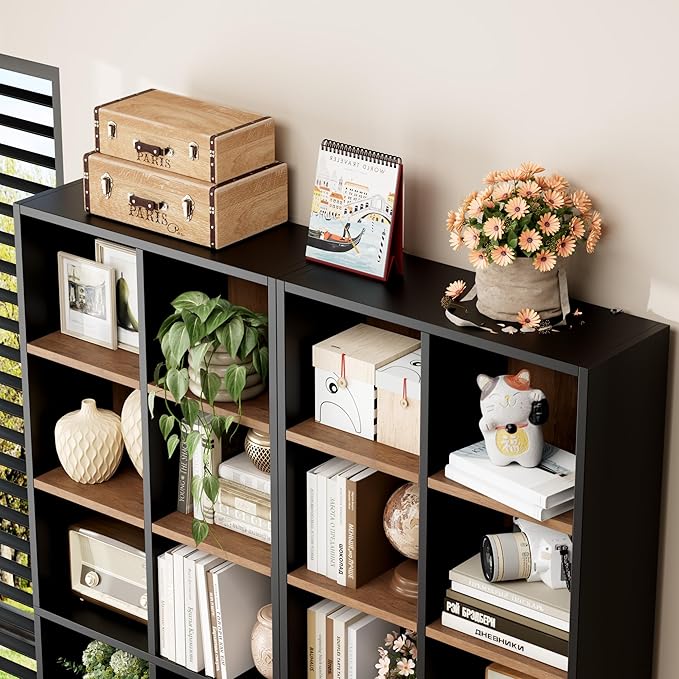 FOTOSOK 71'' Tall Bookshelf with 14 Cubes, 7 Tier Double Wide Wood Bookshelf with 6 Adjustable Shelves, 19.6" Narrow Bookcase DVD/CD Media Storage, Space Saving Display Shelf Cabinet, Black/Brown