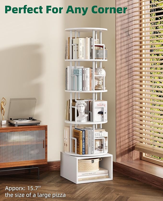Kalrin 5 Tier Rotating Bookshelf with Extra Storage Cabinet, 360°Spinning Corner Bookshelf, Floor Standing Bookcase for Kids & Adult, Narrow Book Shelf for Bedroom Living Room, Pure White