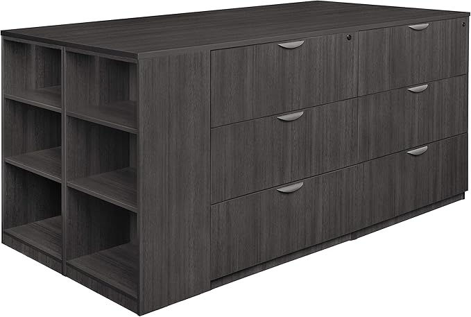 Regency Legacy Stand Up Desk/ 3 Lateral File Quad with Bookcase End- Ash Grey