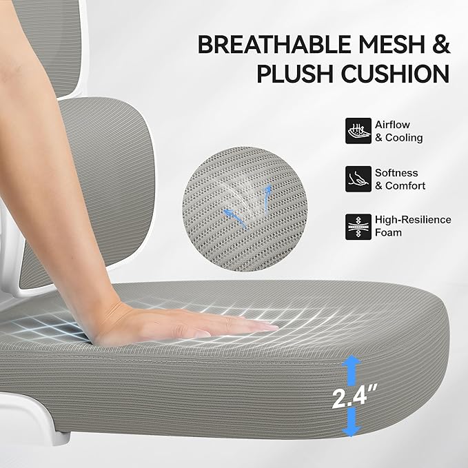 ALLGOD Ergonomic Office Chair, Breathable Mesh Ergonomic Desk Chair with Adjustable Lumbar Support, Flip-up Armrests, Computer Chairs Comfortable for Home, Office, Work, 300lbs, LightGray, Upgrade