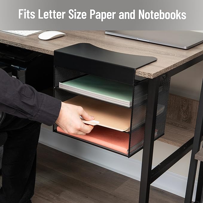 Mind Reader Slide-On Under Desk File Organizer, No Tools Required, Hanging Storage for Laptops, Folders, and Notebooks, Metal, Black