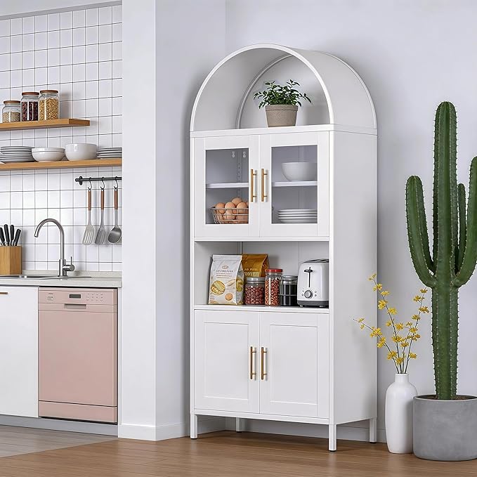 VEXPOR 73" Tall Arched Kitchen Pantry Cabinet with Doors, Metal Arched Hutch Cabinet for Kitchen, Dining Room, Living Room, Assembly Required, White
