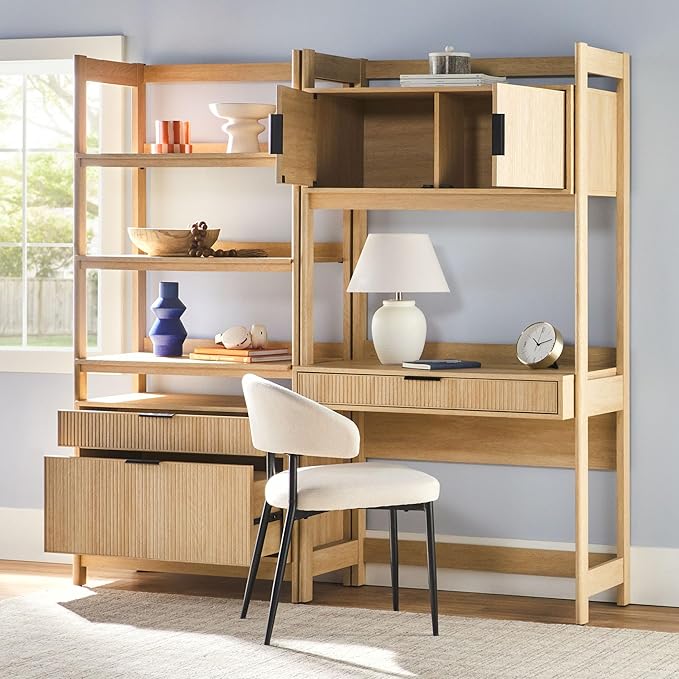 Walker Edison Transitional 2-Piece Hutch Desk with Wide Bookcase, Reeded Drawer Fronts, Built-in outlets and USB Ports, Set of 2, Coastal Oak