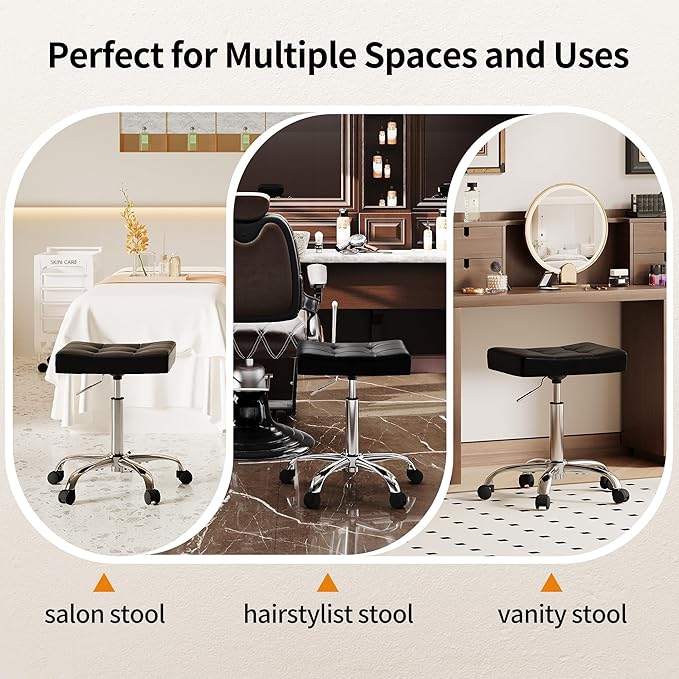 FIRAVOE Ergonomic Rolling Shop Stool (Adjustable Height 17-21 inch) Salon Stool for Hair Stylist (Black)