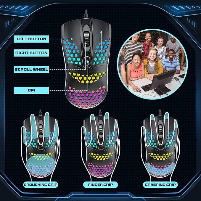 Tellegloww 8 Pack USB Wired Mouse Computer Mouse with RGB Lighting 3 Adjustable Dpi Ergonomic Optical Office Corded Mice for PC Desktop Laptop Computer Office School Home Classroom Supplies