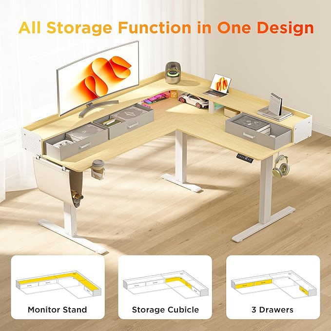 WALKINGDESK 63 Inches Height Adjustable L Shaped Standing Desk with 3 Drawers and Monitor Shelf, Electric Sit to Stand Home Office Comupter Table, Ergonomic Corner Gaming Desk, Oak